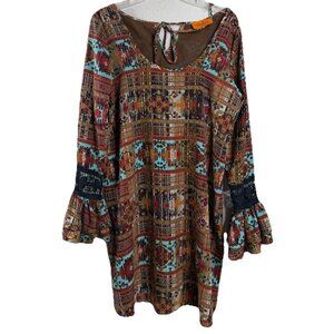 Voom Joy Han Large Aztec Western Lined 35"L Dress USA Brown Bell Sleeve EUC